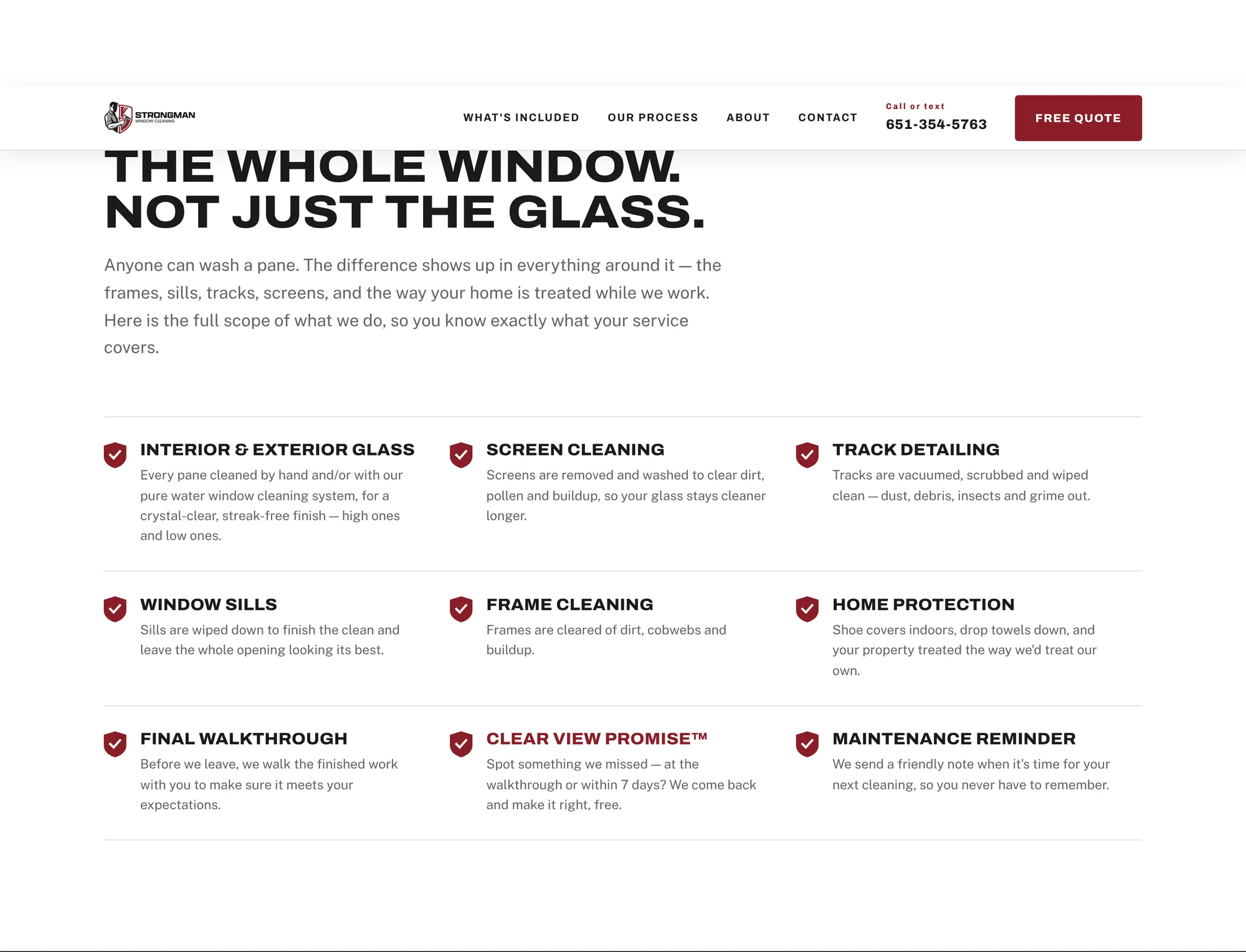 'The whole window. Not just the glass.' section listing nine included services with crimson shield icons